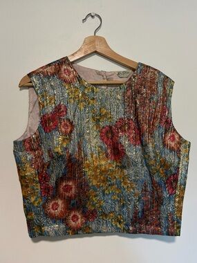 Vintage 60s Kay Silver Metallic Brocade Floral Sleeveless Crop Top